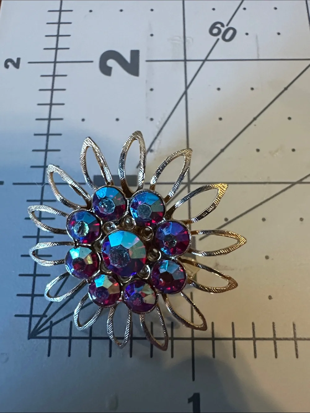 Vintage Aurora Borealis Crystal Flower Brooch - gold to copper Tone